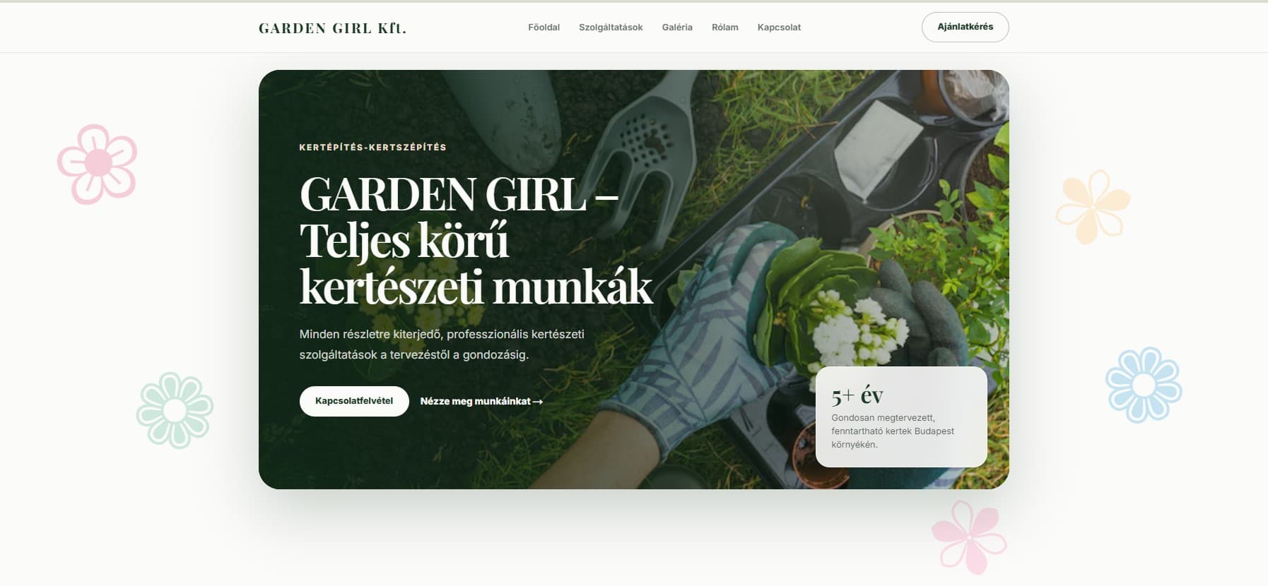 A GardenGirl kertgondozó weboldal főoldalának előnézete