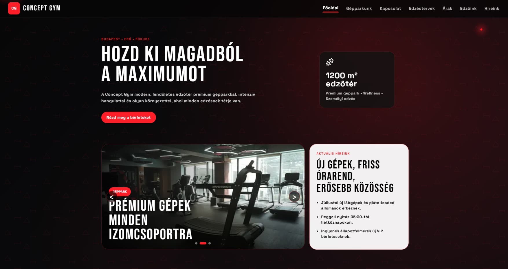 Az edzőtermi weboldal-koncepció főoldalának előnézete
