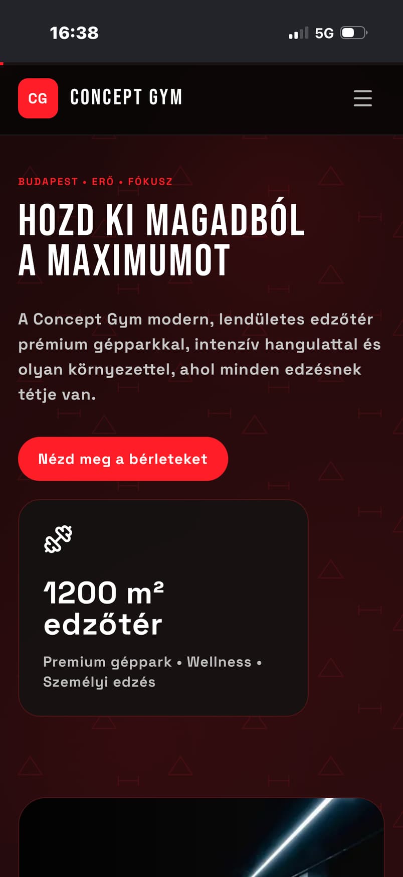 Az edzőtermes bemutató weboldal mobilos megjelenése