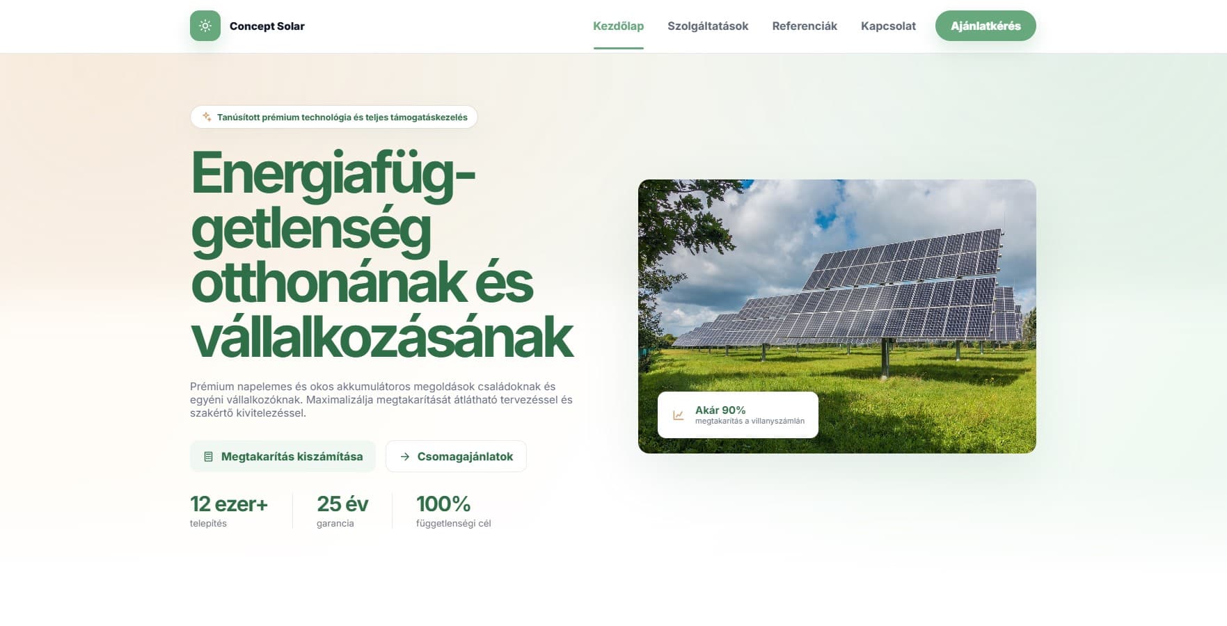 A napelemes weboldal-koncepció főoldalának előnézete